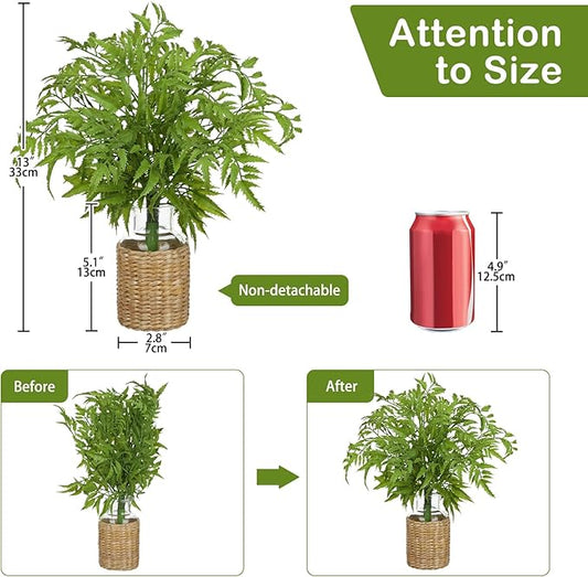 Faux Greenery Stems in Vase Aritificial Fern Plant in Glass Vase with Faux Water & Woven Cover Small Fake Desk Plants Greenery Centerpieces for Farmhouse Kitchen Dinner Tables Shelves Plants Decor