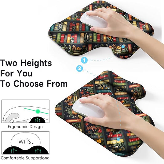 Ergonomic Mouse Pad with Gel Wrist Rest (1"& 1.2" Dual Height) - Mouse Pads Compact Mousepad Desk Mat Office, Gaming & Carpal Tunnel Relief | Non-Slip Rubber Base Vintage Bookshelf