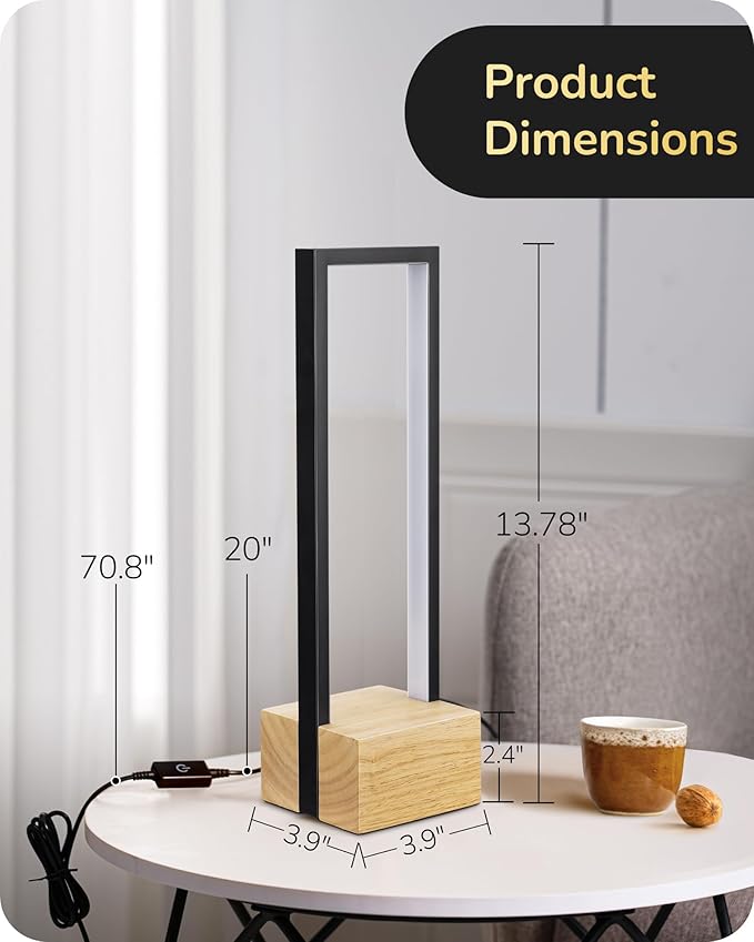 EDISHINE Modern Table Lamp, Dimmable LED Bedside Lamp with 3 Color Temps 3000K 4500K 6000K, Black Square Aluminum Frame, Complete Wooden Base, Nightstand Lamp for Bedroom