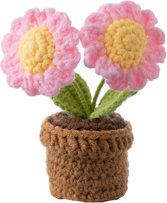 Handmade Crochet Flowers, Small Potted Plants, Knitted Desk Decorations for Home Office Decor (Two Sunflowers)