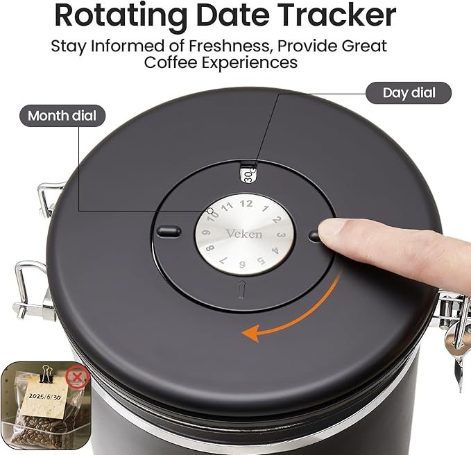 Veken Coffee Canister, 39OZ Large, Airtight Stainless Steel Food Storage Container for 2.2lbs Coffee Beans, Ground, Sugar, Tea, Flour, Cereal, Kitchen Bar Accessories with Date Tracker & Scoop, Black