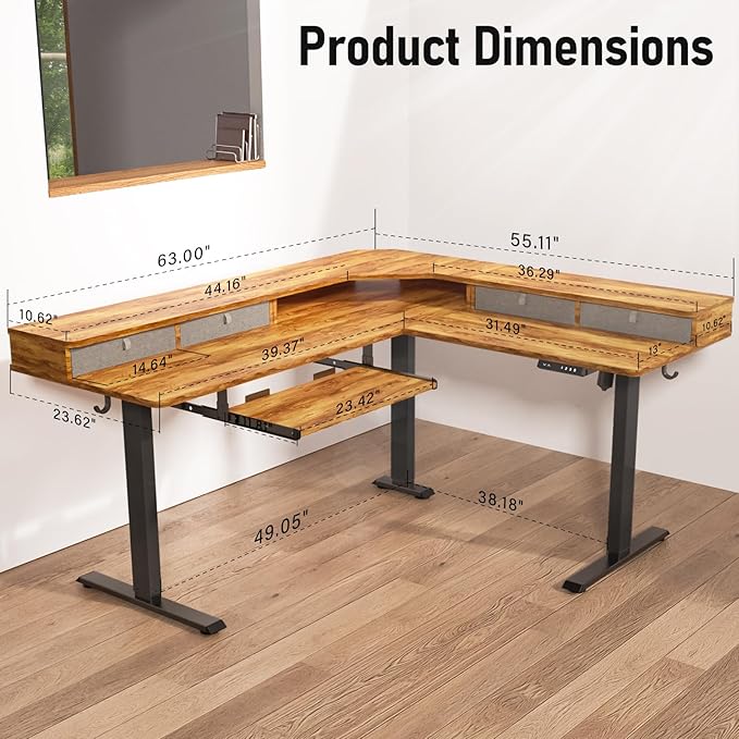 L Shaped Standing Desk with USB Charging Port & 4 Drawers,63 x 55 inch Electric Adjustable Height Corner Stand Up Desks with Keyboard Tray & Storage,Sit Stand Computer L Desk for Gaming Office