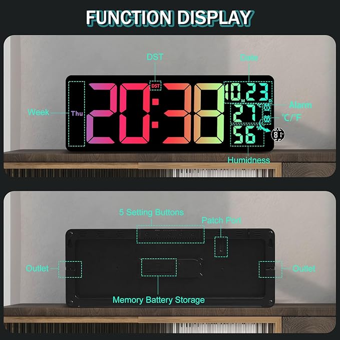 JoFomp 17.3" Large Digital Wall Clock, LED Digital Clock Large Display with Remote Control, Alarm Clock with Temp/DST/Dimmer/Humidity/Timer/Ambient Light - 12/24H, Alarm Wall Clock for Bedroom