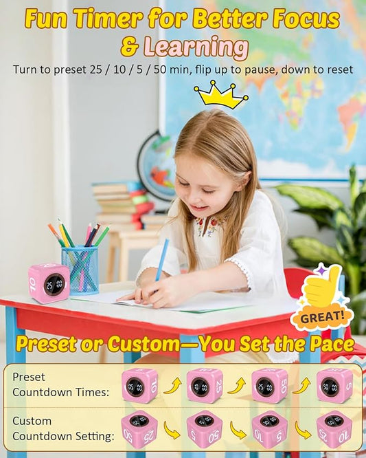 Pomodoro Timer Cube Visual Productivity Flip Timer for Kids Classroom Desk, 5/10/25/50min& Custom Countdown, Silent&Sound Mode Digital Cube for ADHD Study Work School Game Kitchen (Pink)