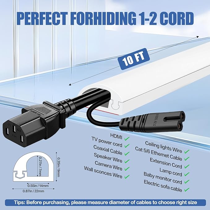 Floor Cable Cover, Low Profile Cable Hider for Wires, Self Adhesive Cord Hider for Wall, Cord Covers Wall Mounted Tv, for Offices, Gym, Exhibitions (White, 10 Feet)