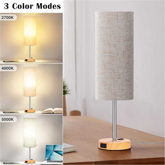 ZJOJO Table Lamp for Bedroom 2 Pack,18in Bedside Lamps with 3 Way Dimmable Rocker Switch & AC Outlet,Nightstand Desk Lamp with Flaxen Fabric Shade Woodgrain Base for Living Room Home Decor Lights