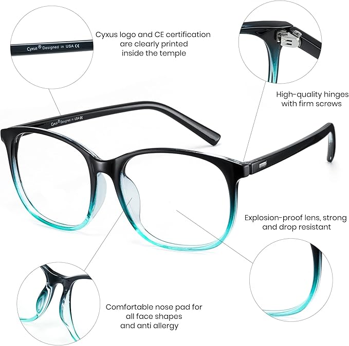 Cyxus Blue Light Blocking Glasses Women Men Computer Gaming Square Glasses UV400 Protection Anti Eyestrain