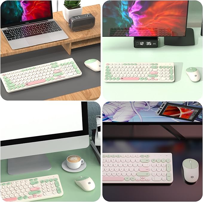 Wireless Keyboards Mouse Combos, Colorful Quiet Keyboard Cute Typewriter Full-Size Retro Round Keycaps, 2.4GHz Sleep Mode Office Wireless Keyboard and Mouse Set for Desktop Laptop PC Computer