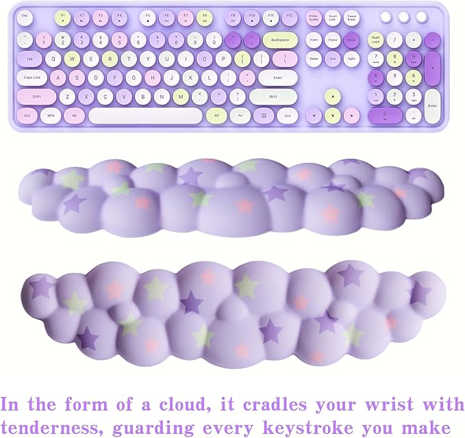 Cloud Wrist Rest Set for Keyboard and Mouse, Includes Cute Coaster, with Computers and Laptops (Light Purple Colorful Star Set)