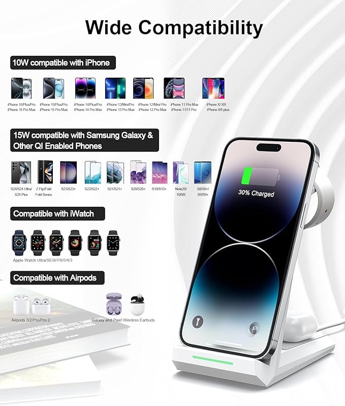 Wireless Charging Station for iPhone - 3 in 1 Charger Stand for iPhone 17 16 15 14 13 12 11 Pro Max Plus,Charging Dock for Apple Watch 8/7/SE/6/5/4/3/2, AirPods Pro(5 ft Cable&Adapter Included)