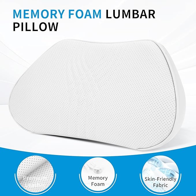 Lumbar Support Pillow for Car Seat, Office Chair Leather Memory Foam Lower Back Cushion for Back Pain Relief Improve Posture, Ergonomic Back Rest for Gaming Chair, Off-White (Beige), 1PC