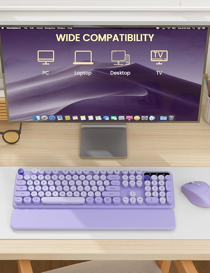 Wireless Keyboard and Mouse Combo - Cute Typewriter Keyboard with Detachable Wrist Rest, Retro Round Keycaps, Foldable Legs, 2.4GHz Full-Size Keyboard for PC, Laptop, Mac, Windows - Trueque (Purple)