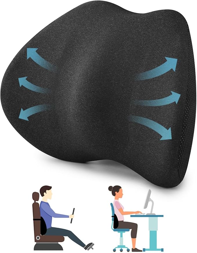 Lumbar Support Pillow for Office Chair and Car Seat - Supportive Memory Foam Cushion for Lower Back Pain Relief and Posture Correction, with Breathable Airflow Channels
