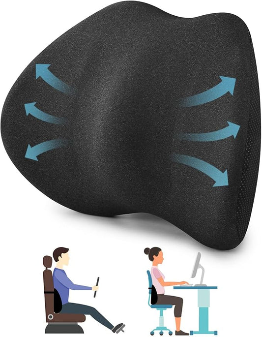 Lumbar Support Pillow for Office Chair and Car Seat - Supportive Memory Foam Cushion for Lower Back Pain Relief and Posture Correction, with Breathable Airflow Channels