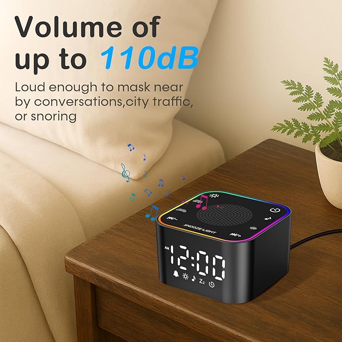 Sound Machine with Alarm Clcok: 30 Non-Looping Sleep Sounds - White Noise Alarm Clock for Natural Wake Up - Adjustable Volume & Light, Memory Function, Sleep Timer (Black)