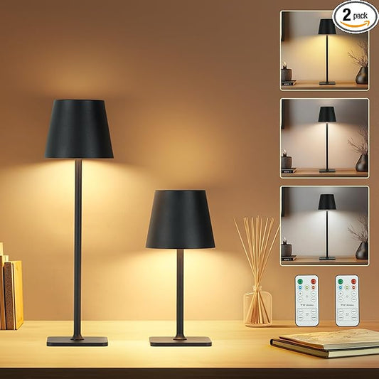 Cordless Table Lamp with Timer 2 Pack, Czgor Rechargeable 5200mAh Battery Operated Lamp with Remote, Adjustable Heights, 3-Color Stepless Dimming, Small LED Table Lamp for Bedroom Dining Office(Black)