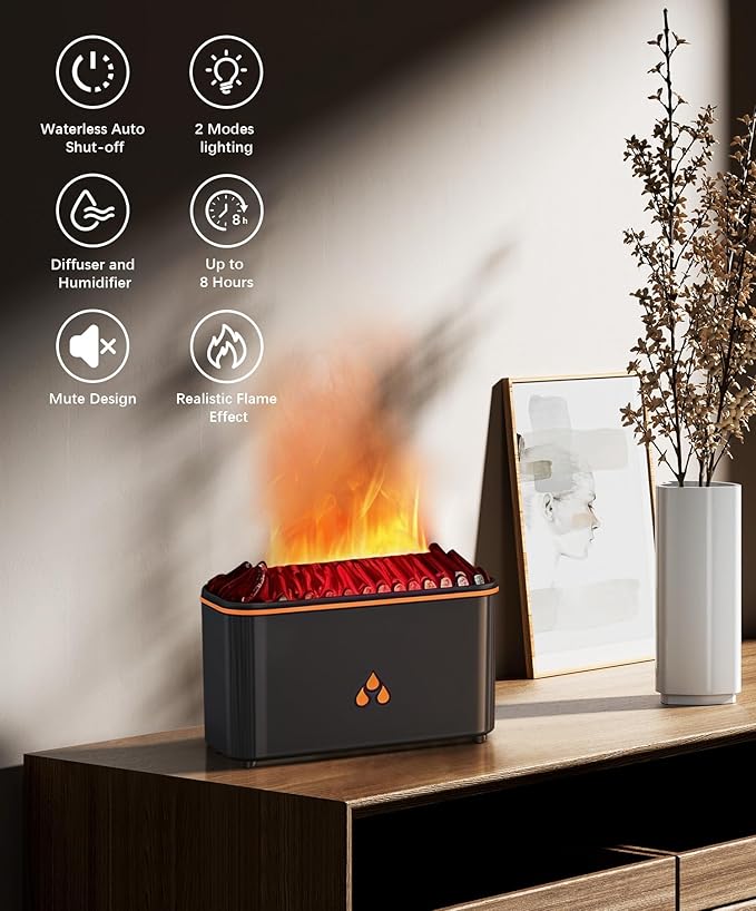 Essential Oil Diffuser, Fireplace Flame Aromatherapy Diffuser, 7 Color Changing Light, Aromatherapy Humidifier with Auto Shut-Off for Home, Bedroom, Yoga, Spa(Black)
