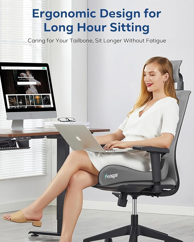 Feagar Seat Cushion - Office Chair Cushion for Hip, Sciatica & Tailbone Pain Relief - Memory Foam Pressure Relief Seat Cushion, Large Wrapped Design for Wheelchair, Car Seat & Long Sitting (Gray)