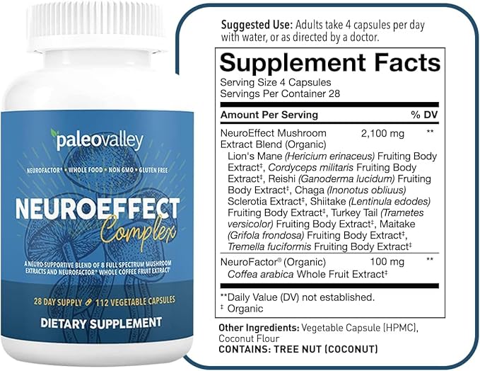 Paleovalley NeuroEffect - Neuro Mushroom Coffee Nutritional Supplement for Focus, Memory, and Energy Support - 28-Day Supply - 8 Full Spectrum Mushroom and Whole Coffee Fruit Extracts