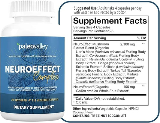 Paleovalley NeuroEffect - Neuro Mushroom Coffee Nutritional Supplement for Focus, Memory, and Energy Support - 28-Day Supply - 8 Full Spectrum Mushroom and Whole Coffee Fruit Extracts