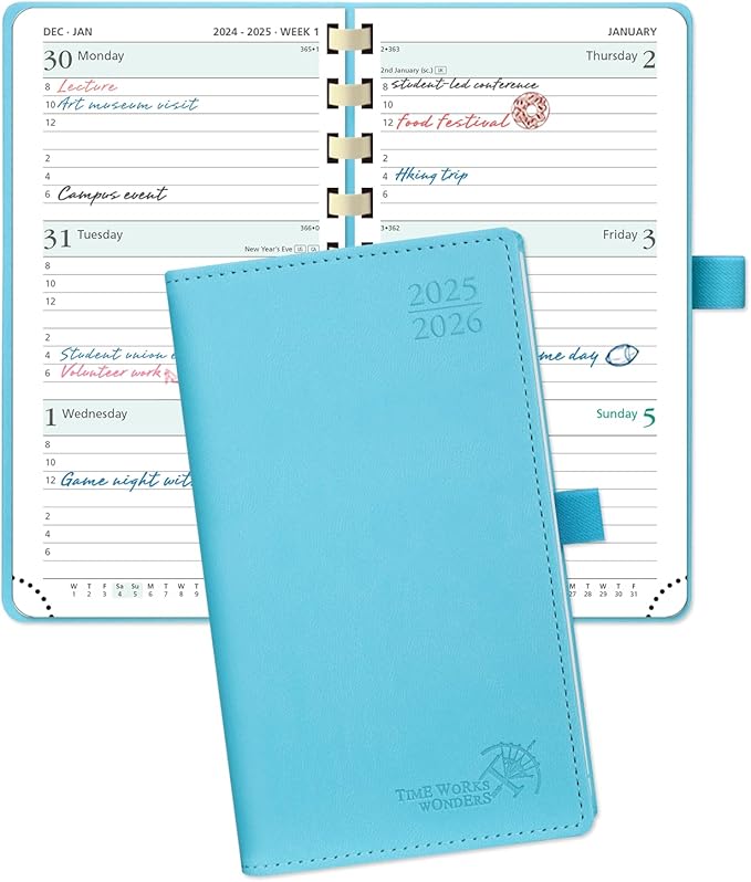 POPRUN Pocket Planner 2025-2026 (Slim Size 3.5'' x 6.5'') Academic Purse Calendar (July 2025 - June 2026) with Hourly Time Slots, 100GSM Thick Paper, Spiral Soft Cover - Blue Green