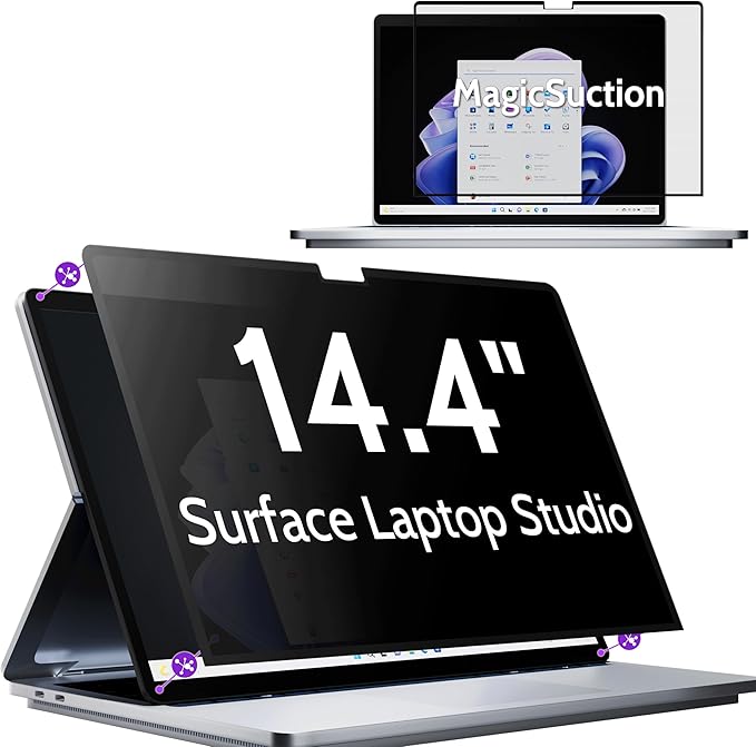 Privacy Screen for 14.4 Inch Surface Laptop Studio 2/1, MagicSuction™ Removable Anti Spy Black Protector, Glare Blue Light Filter for Microsoft Laptop Computer Monitor