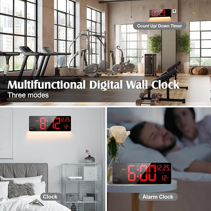 16.5" Large Digital Wall Clock with RGB Night Lights, Auto Dimmer, Remote Control, Date, Indoor Temperature, DST