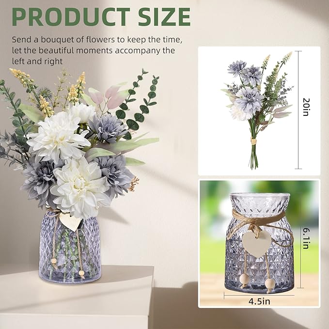 Home Decor Fake Flowers with Vase - Artificial Flowers Fake Plants Bouquet Decoration Realistic Dahlias, Hydrangeas, Eucalyptus Decor Modern Silk Flowers for Dining Table, Kitchen (Purple)