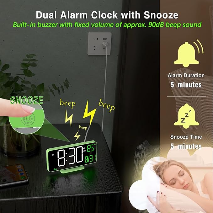 KOSUMOSU Small Digital Clock, 6.7in Alarm Clocks for Bedrooms, Auto Dimming, Room Temperature, Day of The Week, Seconds, Date, Desk Clock for Bedroom, Digital Clocks for Living Room