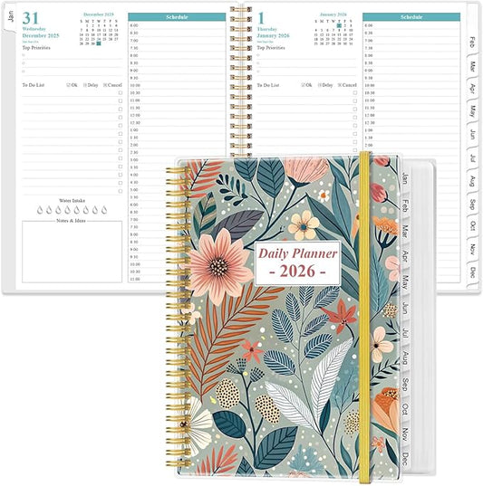 2026 Daily & Monthly Planner - One Page Per Day, Daily Planner from January 2026 - December 2026, Planner 2026 with 12 Monthly Tabs, 8.5" x 11", Flower-B
