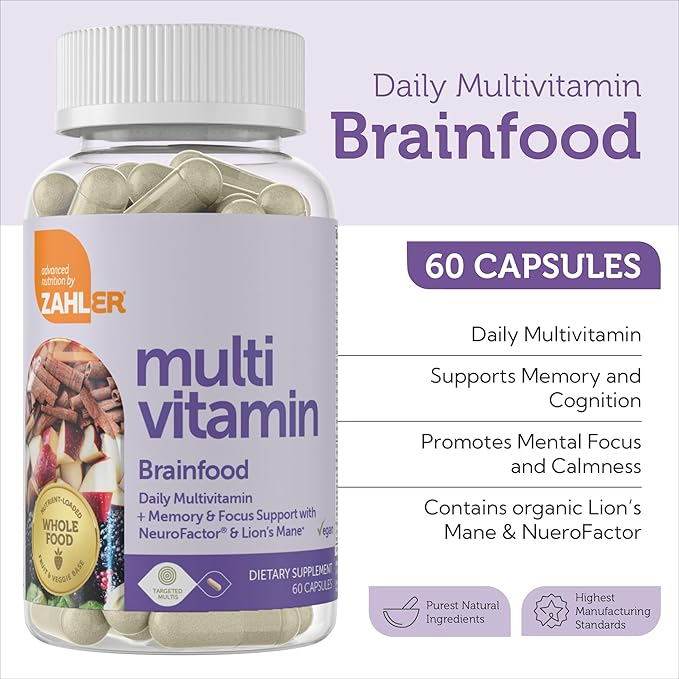 Zahler - Multivitamin Brain Supplement (60 Count) Kosher Brainfood Capsules for Adults with Neuro Factor & Lion's Mane - Nootropic Brain Supplements for Memory Support - Focus Mental Energy Boost