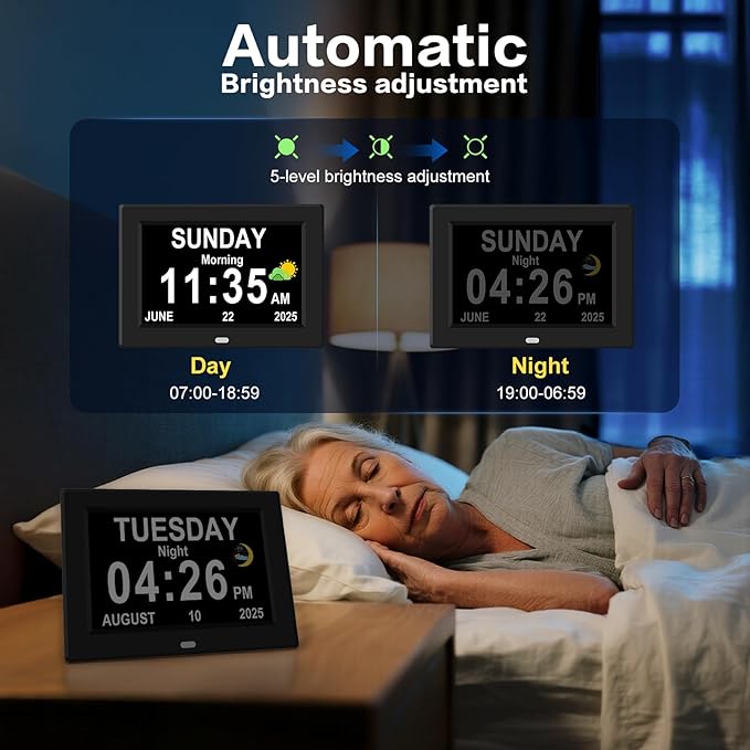 Digital Alarm Clock for Elderly Large Display for Seniors Electric Clocks with Date Day of Week 12 Alarms 4 Colors Desk Wall Calendar Clocks for Memory Loss Alzheimers Dementia Auto DST/Dimmer