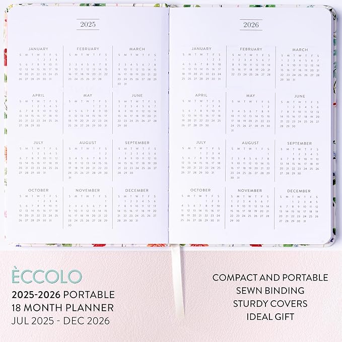 2025-2026 Eccolo 18 Month Bound Planner, Monthly & Weekly Pages (5.25 x 7.75" - July 2025 to Dec 2026 - Watercolor Flowers)
