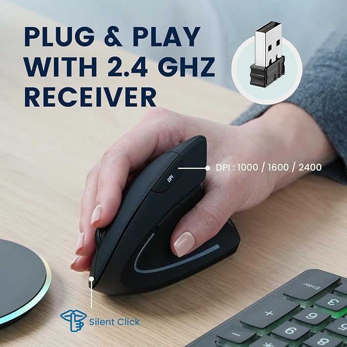 Perixx PERIMICE-713RX Wireless Rechargeable Vertical Mouse - Duo Wired and Wireless Charging Feature - Charging Pad Included - 6 Buttons Design - Black - Right-Handed Design