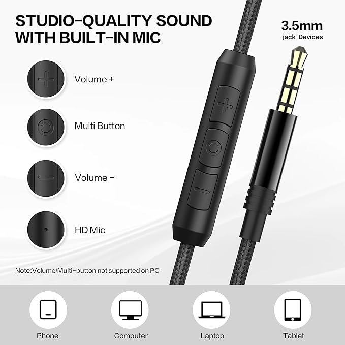 Over Ear Headphones Wired with Microphone - Noise Isolating Corded Headphones with Protein Leather Ear Cushions for Teens Adults,Fordable Head phones with Golded 3.5 mm Jack for Laptop Computer Tablet