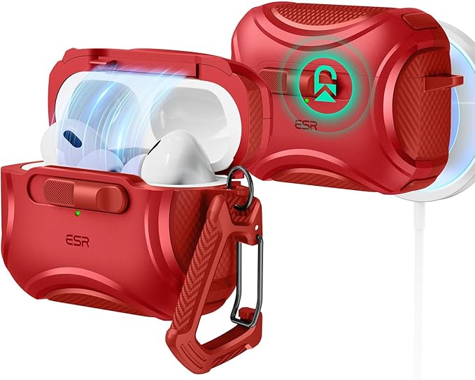 ESR for AirPods Pro 2 Case (2023/2022/2019, 2nd/1st Gen), Compatible with AirPods Pro 2nd Generation (USB-C/Lightning Cable), Effortless MagSafe, Drop-Proof Lock, Easy Open, Cyber Series,Dark Red