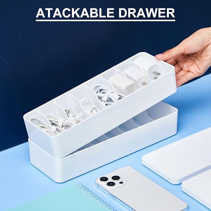 Tatuo 2 Pcs Cable Organizer Box with Wire Ties, Plastic Cord Storage Box with Lid, Electronics Organizer for Home Office Desk Organizers and Accessories (10.79'' X 3.78'' X 1.97'',White)