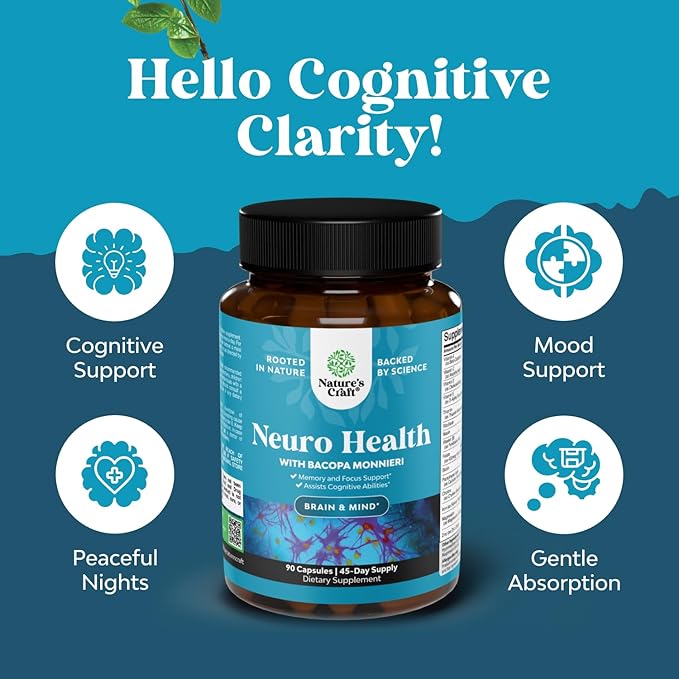 Nootropic Brain Supplement for Memory and Focus Support - Vitamins for Mental Support & Clarity with Bacopa Monnieri, VIT A, B6, Riboflavin, Niacin, Thiamin & Folate - Cognitive Complex - 90 Ct