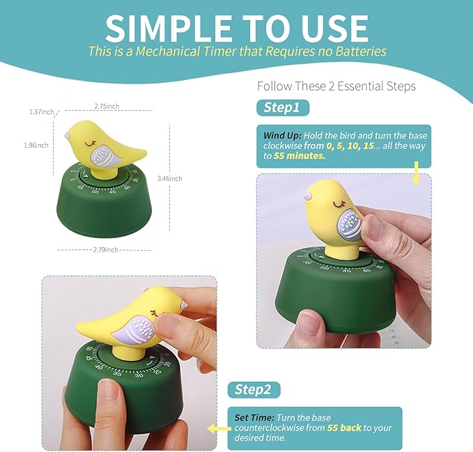 Mechanical Kitchen Timer, Cute Wind Up 60-Minute Manual Countdown for Kids, Classroom, Home, Study and Cooking