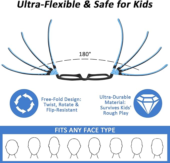 BiBiBear Toddler/Kids/Teens Glasses - Unbreakable TR90 Frame, 180° Flexible, Lightweight & Safe Glasses for Kids Age 2-15