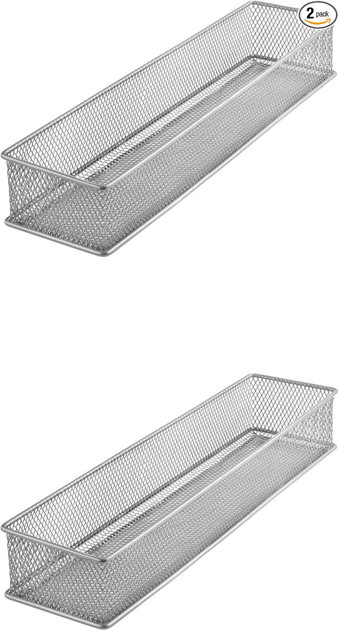 YBM HOME Silver Mesh Drawer Cabinet and or Shelf Organizer Bins, School Supply Holder Office Desktop Organizer Basket (2, 3x15x2 Inch)