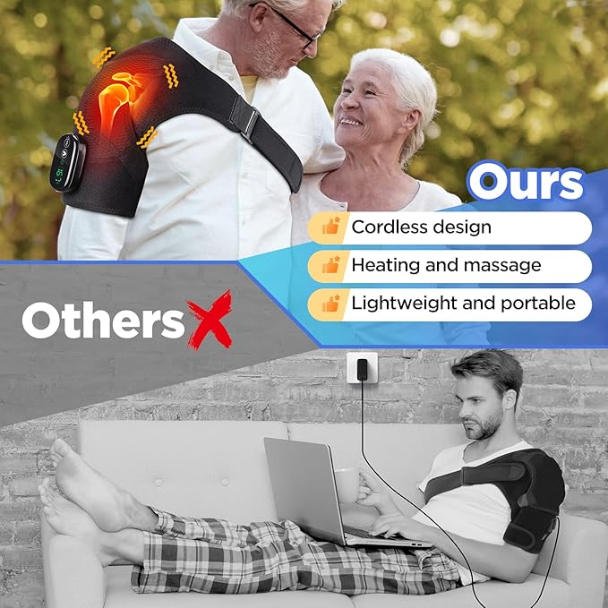 Cordless Portable Shoulder Heating Pad & Massager, Heating Vibration Shoulder Wrap, Shoulder Brace for Pain Relief, Rotator Cuff Support for Men & Women, Black