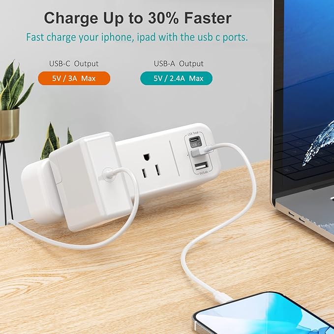 Desk Clamp Power Strip with USB C, 3 Outlets Desktop Mount Power Station with 6.5 ft Plug Extension Cord, White