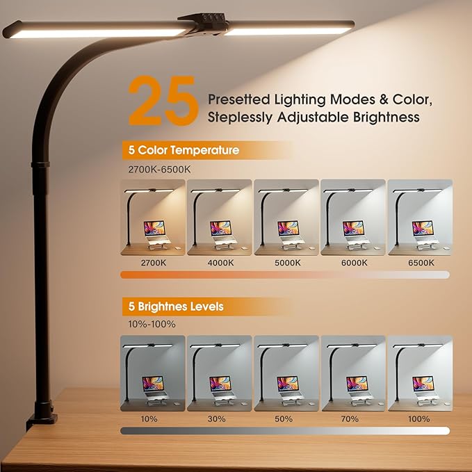 LED Desk Lamp for Home Office - Eye-Caring Computer Desk Light with Clamp, Rotatable Computer Lighting with Color Changing, Dimmable Monitor Table Lamp with Gooseneck, Double Head, Black