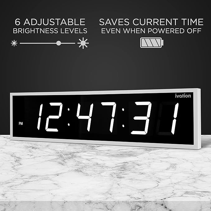 Ivation Oversized 24" Large Digital LED Clock | Big Digital Clock w/Multi-Function Display – Stopwatch, Timer, Alarms, Temp & Date | 6 Brightness Levels, Time Memory & Remote (White)