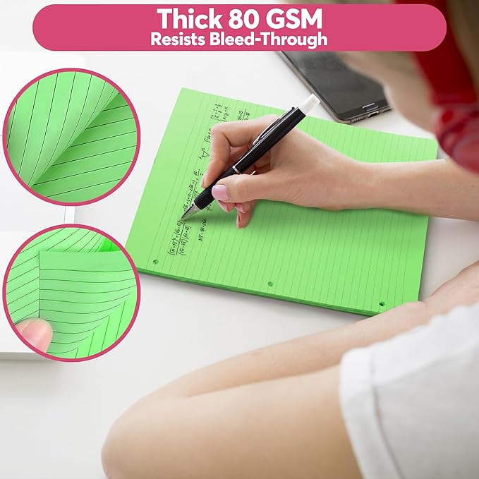 Colored Notebook Paper – 8.5 x 11, 150 Sheets – Thick 80 gsm College Ruled Colorful Loose Leaf Filler Paper – 3-Hole Punched Binder Papers for School, Office, and Journaling (Neon)