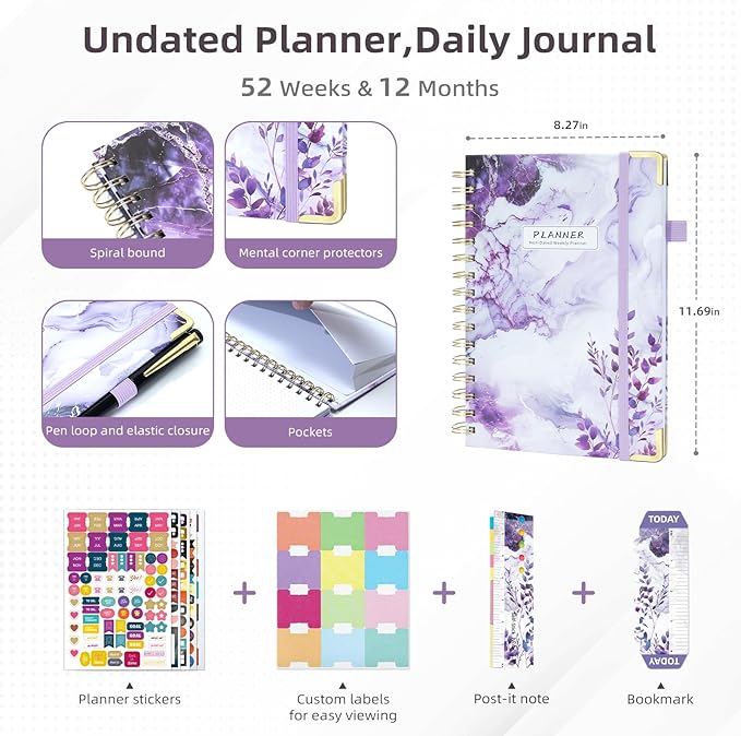 Ospelelf Academic Planner Undated Daily Spiral Binding Weekly Monthly Hardcover Planners with Stickers 12 Months Productivity Aesthetic Journey Letter Size Purple Marble