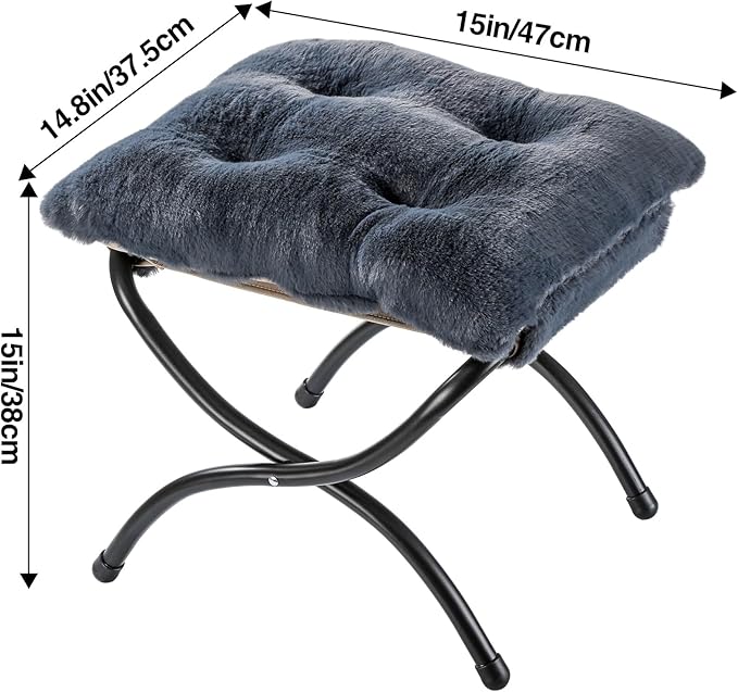 15" Foldable Foot Stool Ottoman with Metal Frame - Washable Faux Fur Navy Upholstered Indoor/Outdoor Footrest for Living Room, Bedroom, Patio - Space-Saving Compact Design