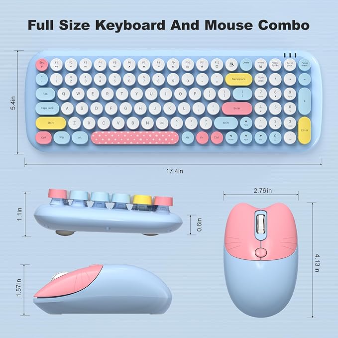 MOFII Wireless Keyboard and Mouse, USB 2.4GHz Full Size Typewriter Keyboard and Cute Cat Shape Design Mouse Combo for Windows 7/8/10, Laptop, Desktop, PC, Computer (Blue Colorful)