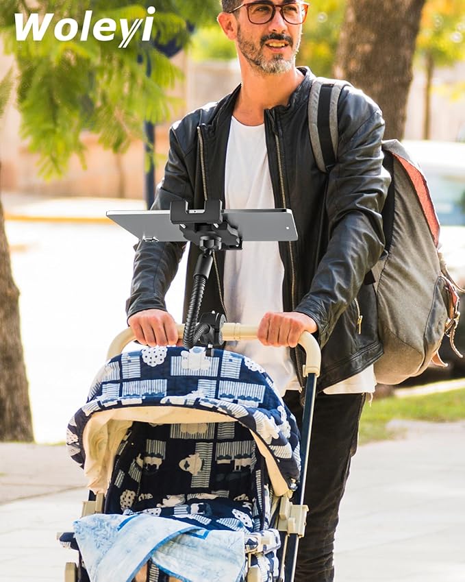 woleyi Gooseneck Treadmill Tablet Holder, Exercise Bike Handlebar Clamp for Spin Bike Peloton, Indoor Stationary Bicycle, Elliptical, Stroller for 4.7-13" iPad Pro Air Mini, Phone, Galaxy, Fire, Ebook
